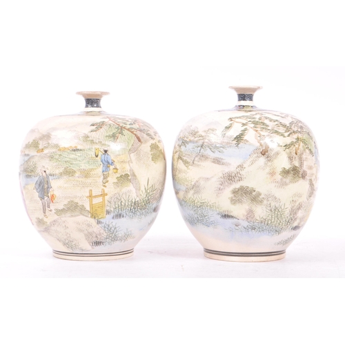 160 - Pair of Japanese 19th century bulbous single stem vases. Each with scenes of countryside and Geisha ... 