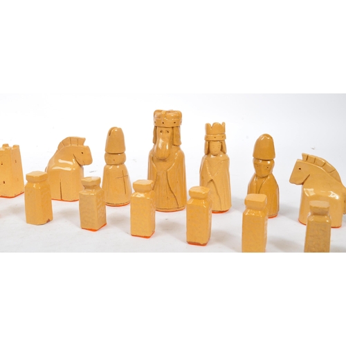 161 - A ceramic handmade terracotta and stoneware colouring chess set with glazed finish and orange felt t... 