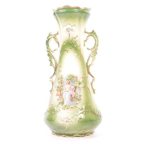 183 - Staffordshire - A large early 19th Century Staffordshire porcelain twin handled green and gilt vase ... 