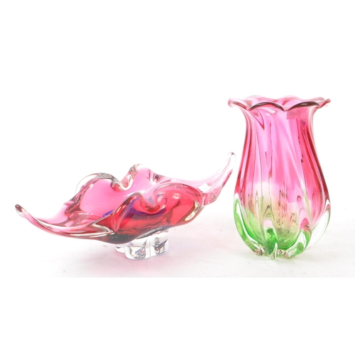 199 - Two mid Century pieces of Czech glass items to include a tulip shaped vase having pink and green col... 