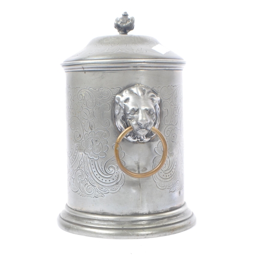 207 - An Anglo-Indian plated circular pewter lidded tea caddy with engraved flourishes and floral pattern,... 