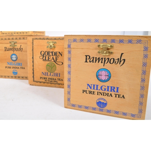 211 - Pamposh - Collection of wooden tea container boxes. Pure Indian tea, with font to boxes, including D... 