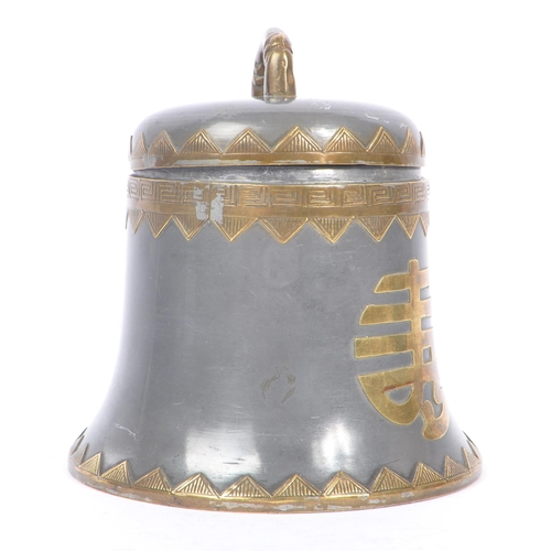 240 - An early 20th century 1920s pewter lidded tea caddy in the form of a bell with chinese characters de... 