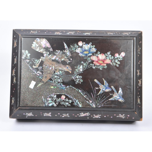 249 - An early 20th Century Chinese wooden painted sewing box having mother of pearl foliate decoration an... 