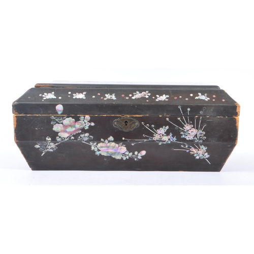 249 - An early 20th Century Chinese wooden painted sewing box having mother of pearl foliate decoration an... 