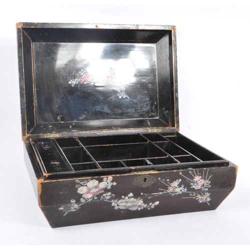 249 - An early 20th Century Chinese wooden painted sewing box having mother of pearl foliate decoration an... 