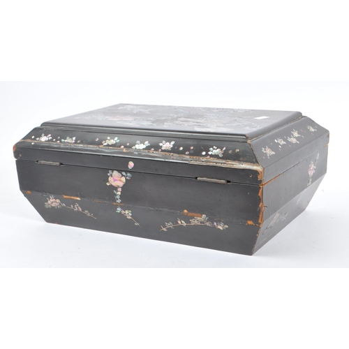 249 - An early 20th Century Chinese wooden painted sewing box having mother of pearl foliate decoration an... 