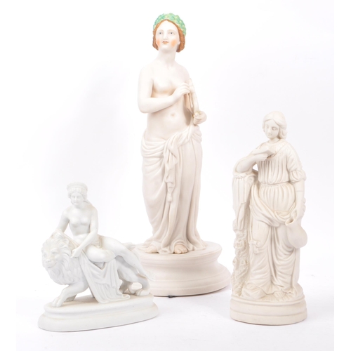 28 - Three vintage 20th century white porcelain china Neoclassical statue / figures. One examples with a ... 