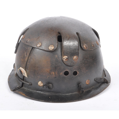 282 - A mid Century vintage leather coal miners safety helmet with number 145 etched into the underneath o... 