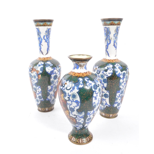 315 - A collection of three 20th Century Japanese cloisonne enamel vases to include a pair of large cloiso... 