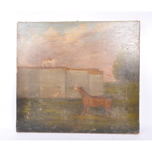 327 - British school, 19th century - a Victorian naïve oil on canvas genre painting with cat on wall looki... 