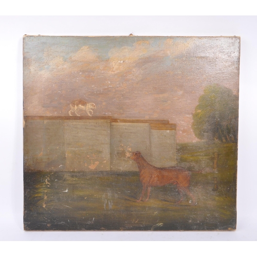 327 - British school, 19th century - a Victorian naïve oil on canvas genre painting with cat on wall looki... 