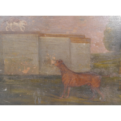 327 - British school, 19th century - a Victorian naïve oil on canvas genre painting with cat on wall looki... 