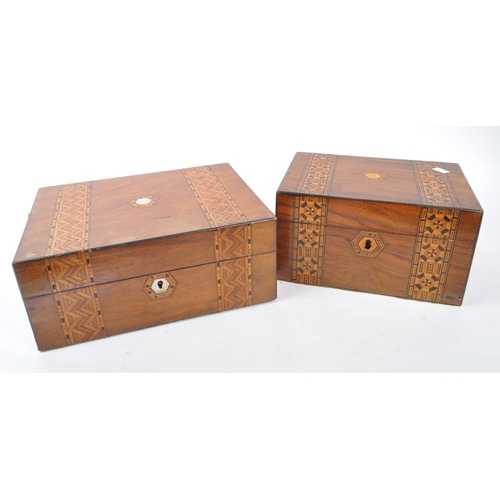 331 - Two 19th century Tunbridge inlaid work / vanity boxes. Each with inlaid detailing and cartouche cent... 