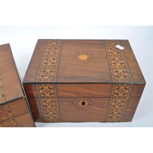 331 - Two 19th century Tunbridge inlaid work / vanity boxes. Each with inlaid detailing and cartouche cent... 