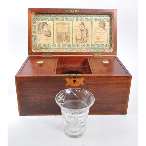 354 - A George III mahogany inlaid tea caddy box. With inlaid decoration to top, hinged lid revealing cut ... 