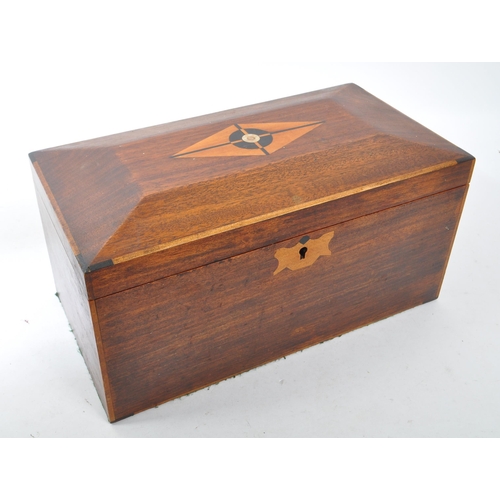 354 - A George III mahogany inlaid tea caddy box. With inlaid decoration to top, hinged lid revealing cut ... 