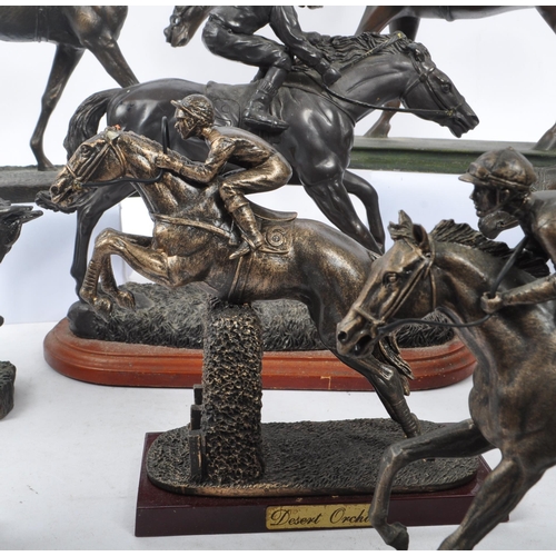 355 - A collection of 20th Century nine bronze effect figures of jockeys and racing horses upon various pl... 