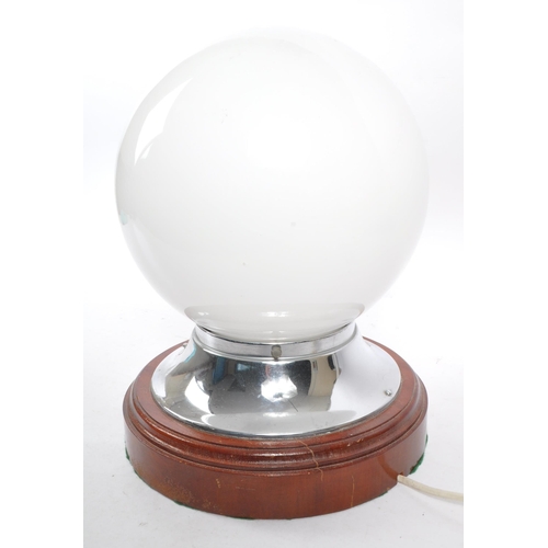 366 - Large vintage 20th century table lamp on circular wooden plinth base with globe opaque shade and chr... 