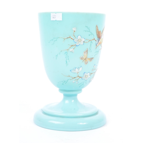 41 - A 19th Century British light blue opaque glass vase raised on circular stepped base. Having hand pai... 