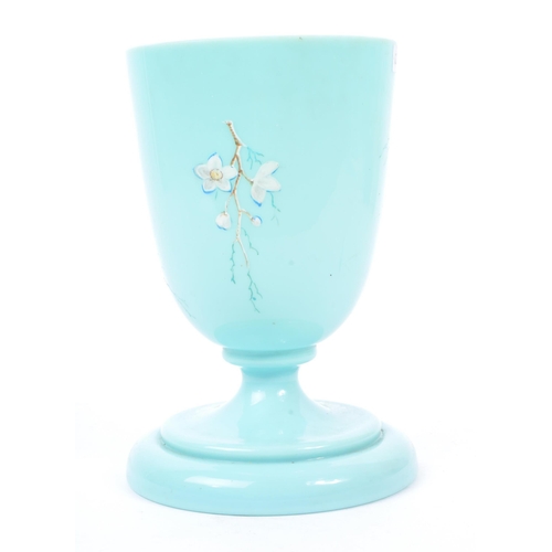 41 - A 19th Century British light blue opaque glass vase raised on circular stepped base. Having hand pai... 