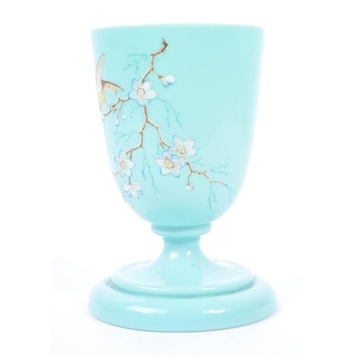 41 - A 19th Century British light blue opaque glass vase raised on circular stepped base. Having hand pai... 