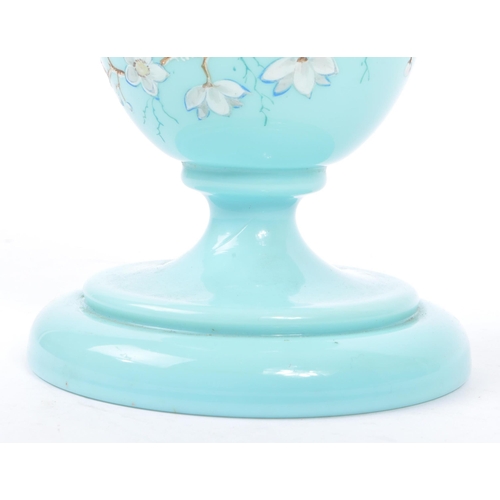 41 - A 19th Century British light blue opaque glass vase raised on circular stepped base. Having hand pai... 