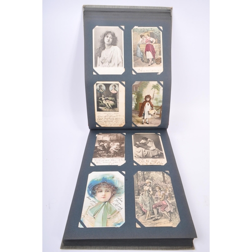 457 - Postcard collection in old style slot-in album. Early 20th century cards (256) mostly circa WWI depi... 