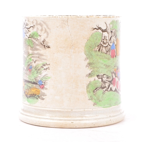 85 - An early 19th Century ceramic Victorian mug / tankard with transfer decoration depicting hunting sce... 