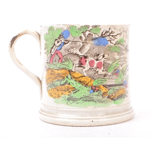 85 - An early 19th Century ceramic Victorian mug / tankard with transfer decoration depicting hunting sce... 