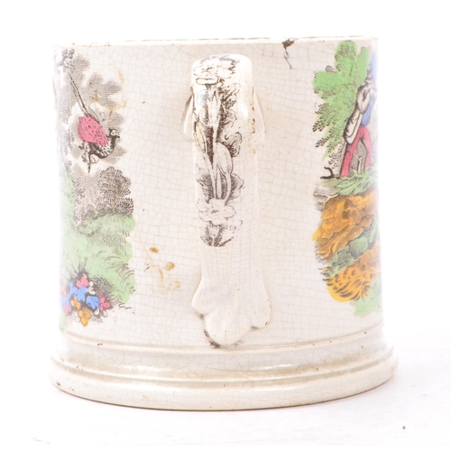 85 - An early 19th Century ceramic Victorian mug / tankard with transfer decoration depicting hunting sce... 