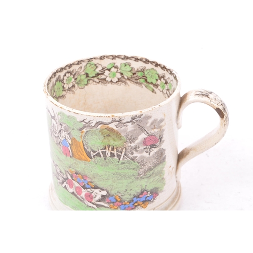 85 - An early 19th Century ceramic Victorian mug / tankard with transfer decoration depicting hunting sce... 