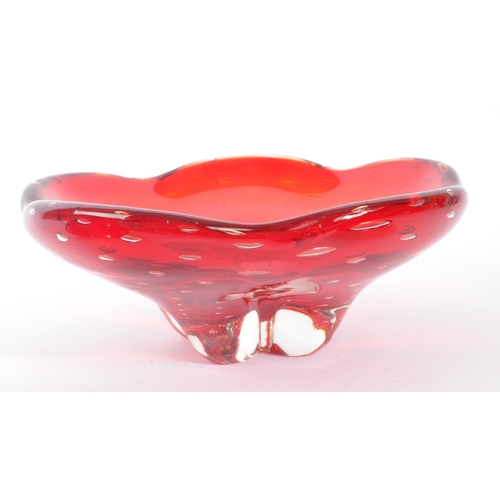 151 - Whitefriars - squat design ruby red glass knobbly vase, pattern # 9608 together with a ruby red bubb... 