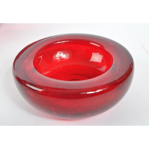 151 - Whitefriars - squat design ruby red glass knobbly vase, pattern # 9608 together with a ruby red bubb... 