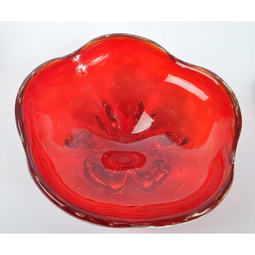 151 - Whitefriars - squat design ruby red glass knobbly vase, pattern # 9608 together with a ruby red bubb... 