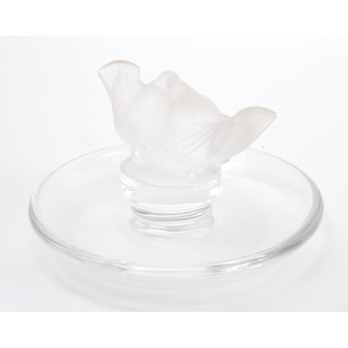 170 - Lalique - A vintage 20th Century glass Lalique figurine in the form of two frosted glass birds upon ... 