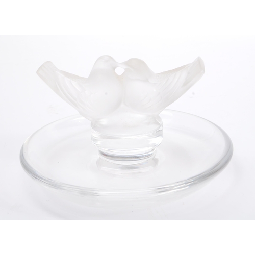 170 - Lalique - A vintage 20th Century glass Lalique figurine in the form of two frosted glass birds upon ... 