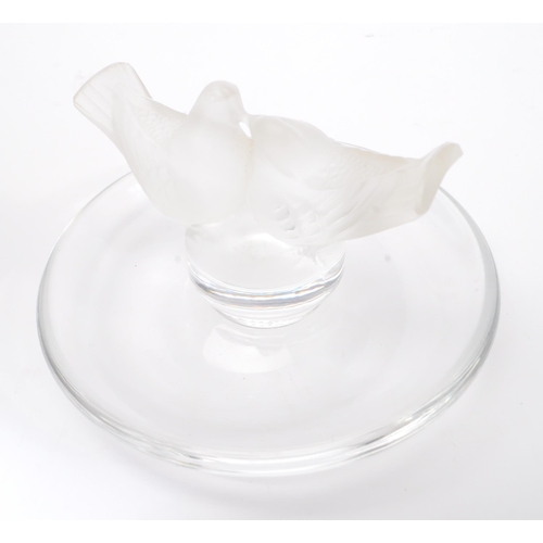 170 - Lalique - A vintage 20th Century glass Lalique figurine in the form of two frosted glass birds upon ... 