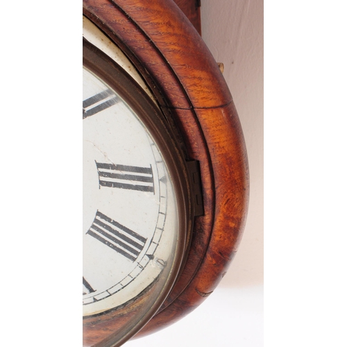 1006 - An 19th century mahogany railway wall hanging clock. Ebonised roman numeral chapter ring with white ... 