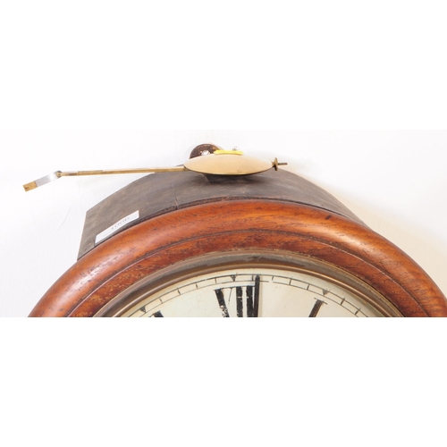 1006 - An 19th century mahogany railway wall hanging clock. Ebonised roman numeral chapter ring with white ... 