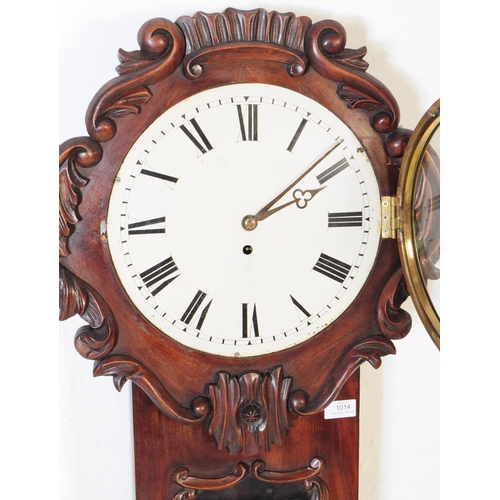 1014 - English drop dial 24 hour movement wall clock. Carved design to outer with white face, roman numeral... 