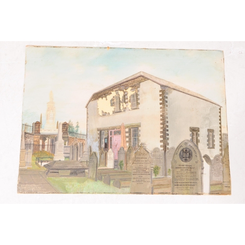 1023 - Obed Hodges - Early 20th century watercolour on board and cardboard. Depicting religious church buil... 