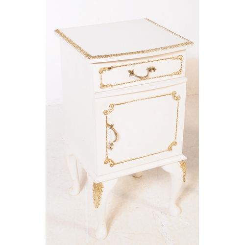 1037 - A pair of 20th century French Louis XVI manner bedside tables / cabinets. Each raised on cabriole le... 