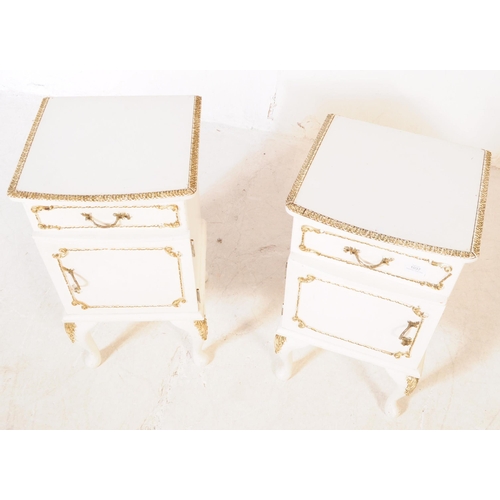 1037 - A pair of 20th century French Louis XVI manner bedside tables / cabinets. Each raised on cabriole le... 