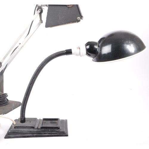 561 - Two 20th century industrial machinists factory desk lamps. One lamp having a gooseneck design, with ... 