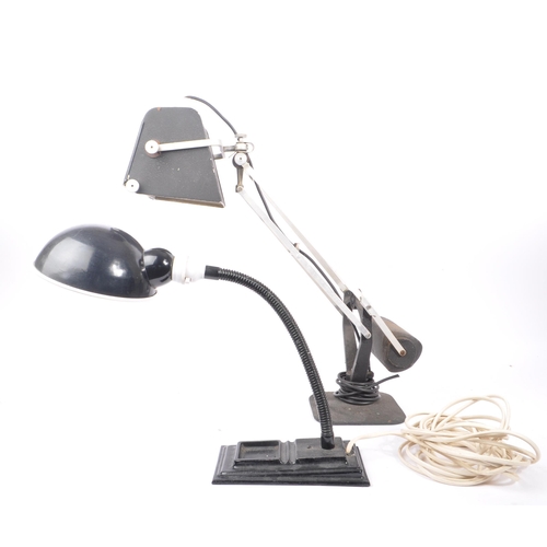 561 - Two 20th century industrial machinists factory desk lamps. One lamp having a gooseneck design, with ... 