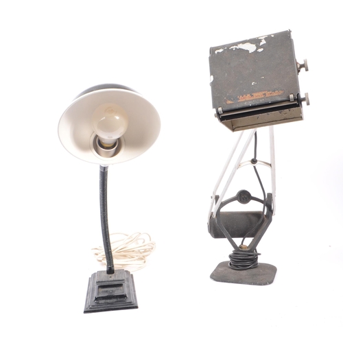 561 - Two 20th century industrial machinists factory desk lamps. One lamp having a gooseneck design, with ... 