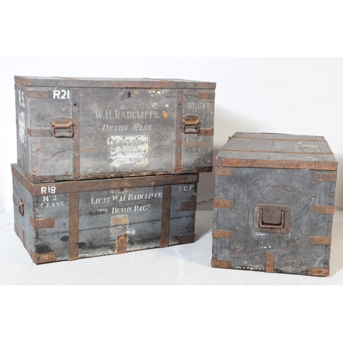 563a - Three mid 20th century wooden military transport luggage crates. With metal bounds to each crate, pa... 