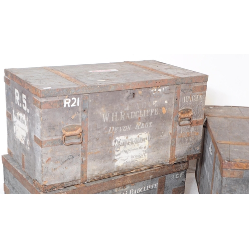 563a - Three mid 20th century wooden military transport luggage crates. With metal bounds to each crate, pa... 