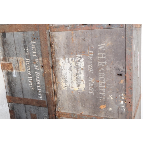 563a - Three mid 20th century wooden military transport luggage crates. With metal bounds to each crate, pa... 